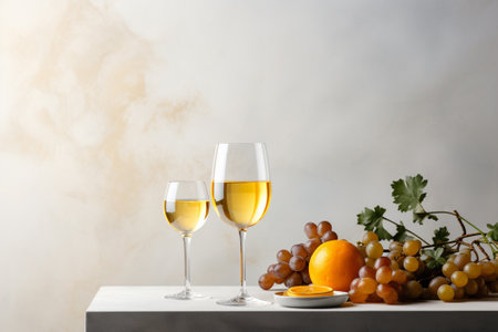 Glasses of white wine and fruits on table against light marble wallの素材