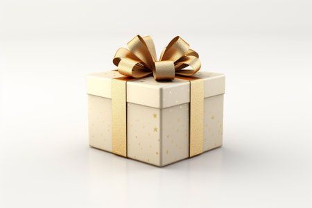 Gift box with golden bow on white background. 3d illustrationの素材