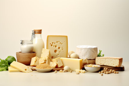 Composition with different types of cheese on light background. Dairy productsの素材