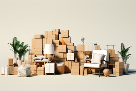 3D rendering of a modern living room with a lot of boxesの素材