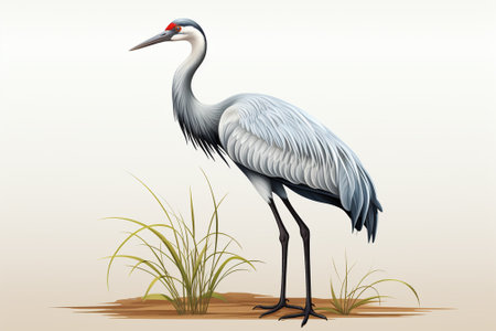 Illustration of a crane on a background of grass and sky.の素材