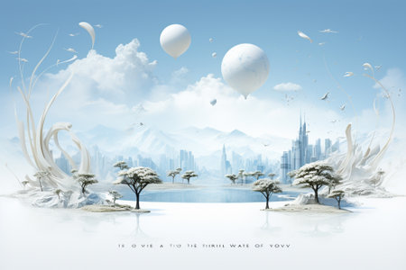 Fantasy landscape with trees, clouds and city. 3D renderingの素材