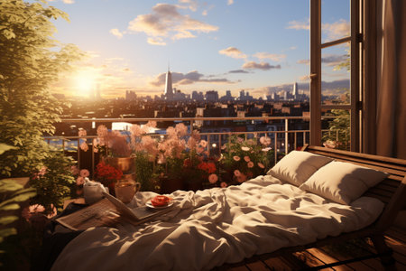 Man reading a newspaper in bed with a view of New York Cityの素材