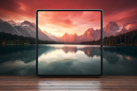 Tablet pc with lake and mountains at sunset, 3d renderの素材
