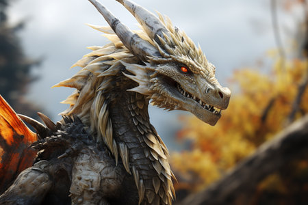 dragon on a background of the autumn forest, closeup of photoの素材