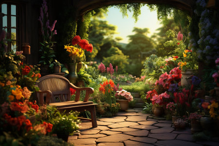 Garden with wooden chair and colorful flowers in the morning light.の素材