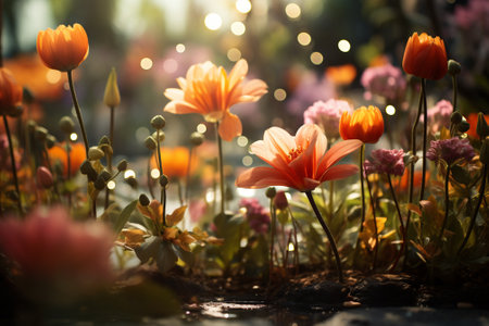 flowers in the garden with sunbeam and bokeh backgroundの素材