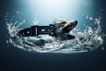 Dog swimming in water with smart watch. Mixed media. Mixed mediaの素材