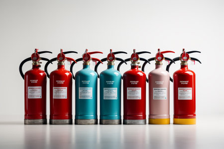 Fire extinguishers on a white background. 3D rendering image.の素材