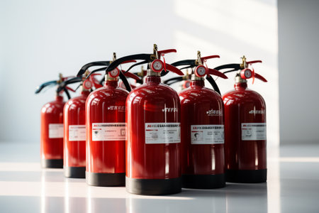 Fire extinguishers in a row on a white background. 3d renderingの素材