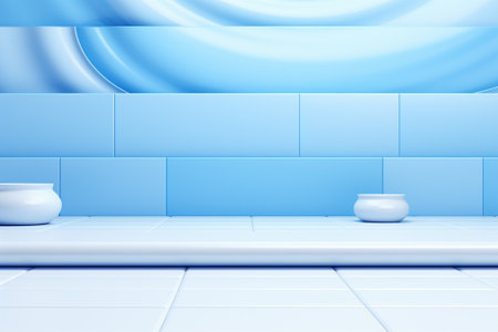3D rendering of a modern bathroom with blue tiles and a round white bowlの素材
