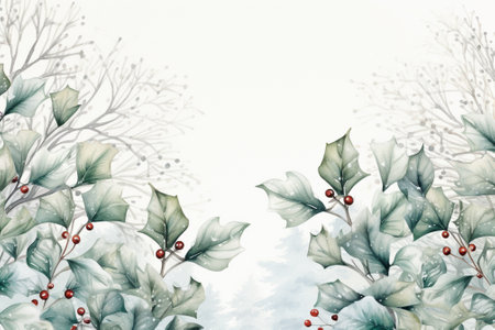 Watercolor painting of holly leaves and branches on white background.の素材