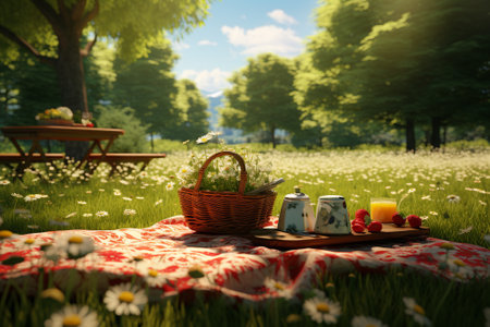 Picnic in the meadow. Picnic basket, candles, flowers and fruits.の素材