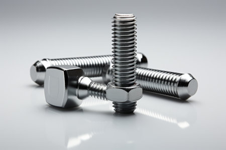 Metal bolts and nuts on a gray background. Close-up.の素材