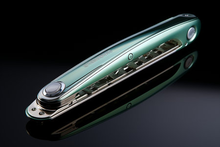 Close-up of a green harmonica on a black background.の素材