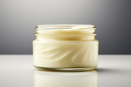 Jar of cream on a white table. Isolated on gray backgroundの素材