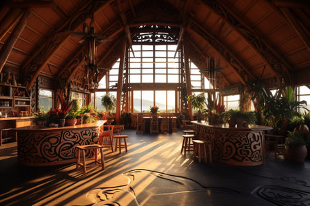 Interior of a restaurant with a wooden roof and terrace.の素材