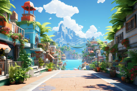 3D rendering of a fantasy town with a pond and mountains in the backgroundの素材