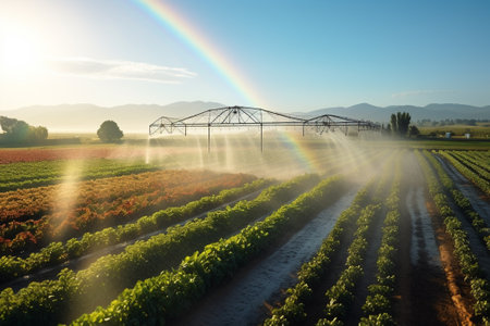Cultivated field with irrigation sprinklers and rainbow in the skyの素材