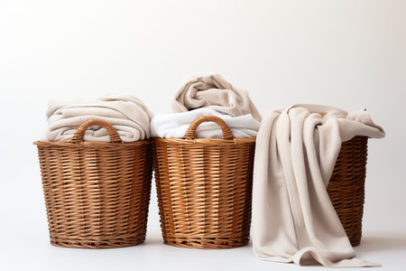 Wicker baskets with towels on a white background, close-upの素材