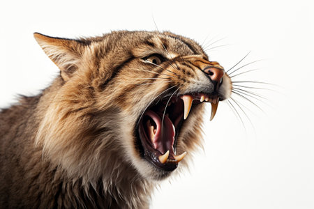 Close-up portrait of a yawning cat on a white backgroundの素材