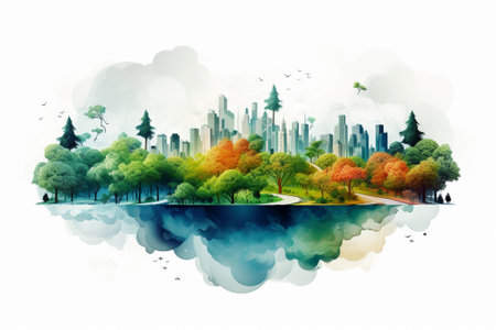 Cityscape with trees and clouds in watercolor style. Vector illustrationの素材