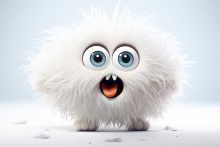 Funny white furry doll with big eyes and mouth on a blue backgroundの素材