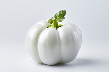 White bell pepper with green leaves on a white background, close-upの素材