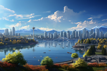 Beautiful landscape of city with lake and mountains in the background.の素材