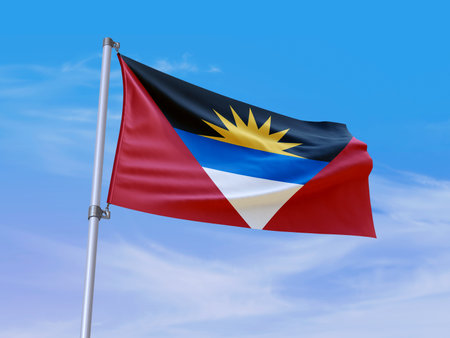 Beautiful Antigua and Barbuda flag waving with sky background - 3D illustration - 3D renderの写真素材