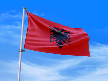 Beautiful Albania flag waving with sky background - 3D illustration - 3D renderの写真素材