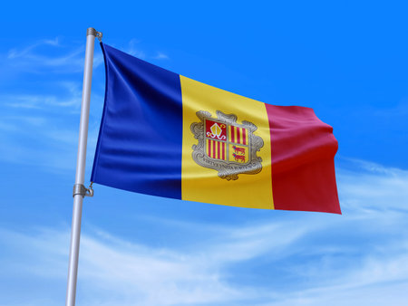 Beautiful Andorra flag waving with sky background - 3D illustration - 3D renderの写真素材