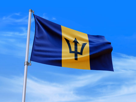 Beautiful Barbados flag waving with sky background - 3D illustration - 3D renderの写真素材