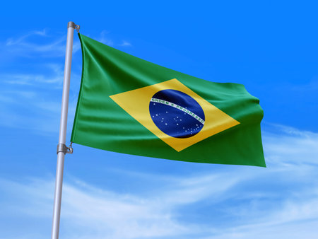 Beautiful Brazil flag waving with sky background - 3D illustration - 3D renderの写真素材