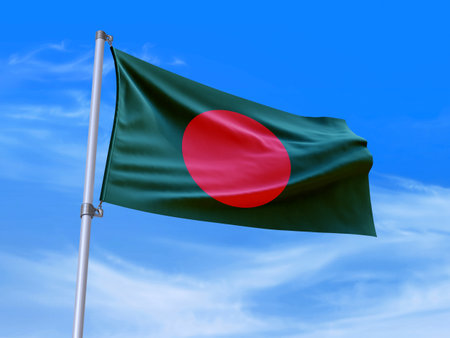 Beautiful Bangladesh flag waving in the wind with sky background - 3D illustration - 3D renderの写真素材