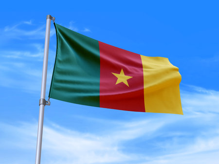 Beautiful Cameroon flag waving in the wind with sky background - 3D illustration - 3D renderの写真素材