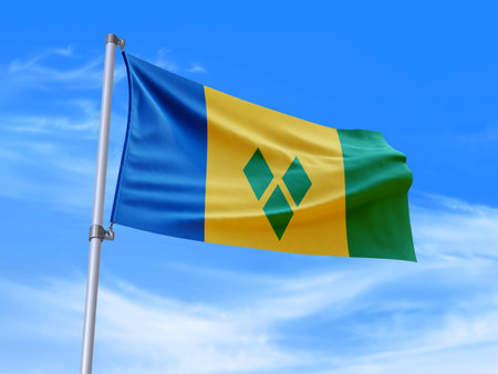 Beautiful Saint Vincent and the Grenadines flag waving in the wind with sky background - 3D illustration - 3D renderの写真素材