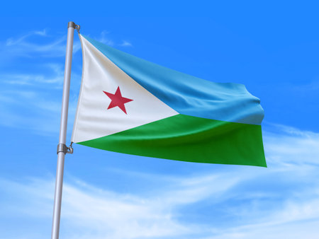 Beautiful Djibouti flag waving in the wind with sky background - 3D illustration - 3D renderの写真素材