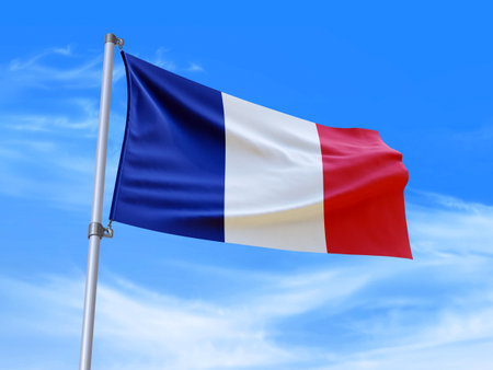 Beautiful France flag waving in the wind with sky background - 3D illustration - 3D renderの写真素材