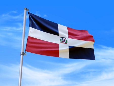 Beautiful Dominican Republic flag waving in the wind with sky background - 3D illustration - 3D renderの写真素材