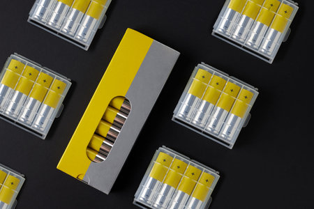 Paper packaging and a lot of plastic cases with silver-yellow AA alkaline batteries on black...