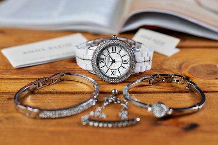 Saint-Petersburg / Russia - February, 2020: Anne Klein Ceramics wrist watch. White ceramic watch and...
