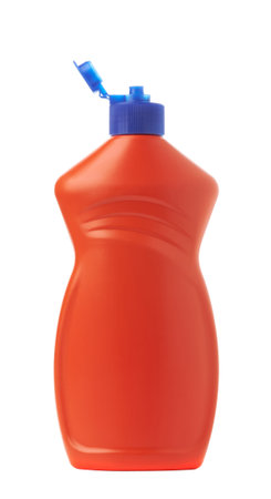 Plastic bottle of cleaning product with open lid. Orange bottle with blue cap isolated on white background.の写真素材