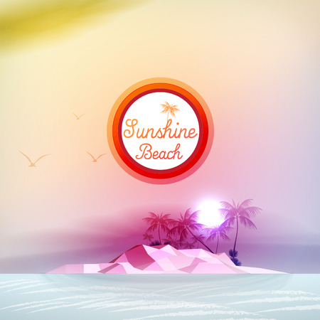  Seaside View Poster with Tropical Island and Palm Trees - Vector Illustrationのイラスト素材