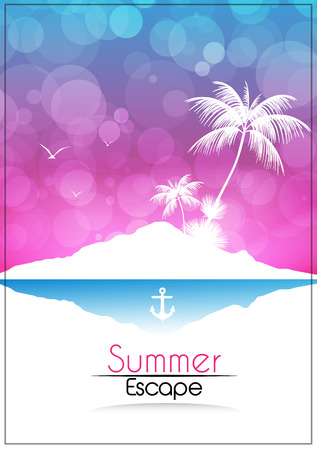 Vintage Night Seaside View Poster with Tropical Island and Palm Trees - Vector Illustrationのイラスト素材