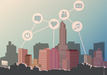 Abstract City Skyline with Social Media, Network and Web Design Elements - Vector Illustrationのイラスト素材