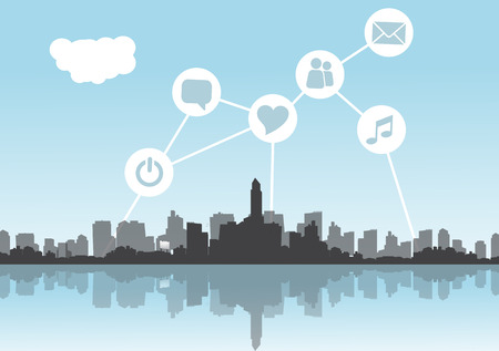 Abstract City Skyline with Social Media, Network and Web Design Elements - Vector Illustrationのイラスト素材