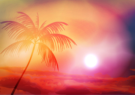 Beautiful Sunset with Palm Tree - Vector Illustrationのイラスト素材