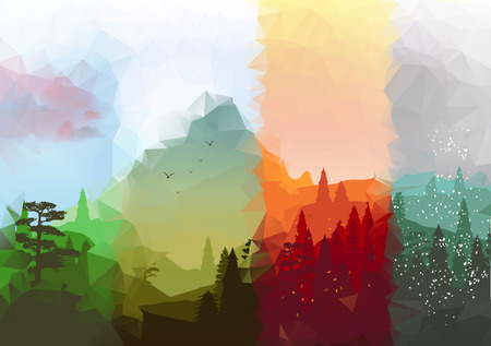 Four Seasons Banners with Abstract Forest and Mountains のイラスト素材