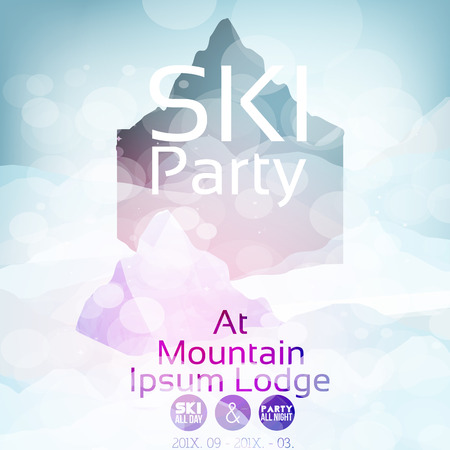 Ski Party Poster Template with Mountain in Clouds - Vector Illustrationのイラスト素材